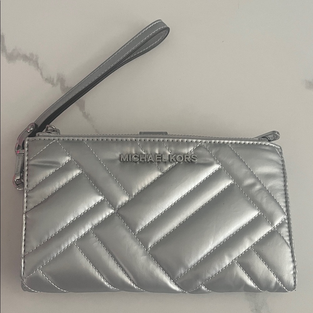 Michael Kors Metallic Silver Quilted Wristlet